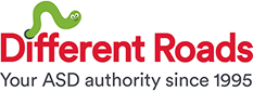 Logo for Different Roads featuring a smiling green worm above the word "Different Roads" in red text. Below it, the tagline reads, "Your ASD authority since 1995," highlighting trusted ABA therapy near Orlando FL.