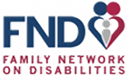 Logo for Family Network on Disabilities. The word "FND" is in large blue letters, with a heart-shaped outline featuring two human figures. Below, "Family Network on Disabilities" is written in red, supporting autism treatment near Orlando FL.