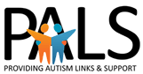 Logo for PALS, featuring two stylized human figures, one orange and one blue, with arms around each other in front of "PALS." Below, the text reads: "Promoting Autism Links & Support—autism services near Orlando FL.