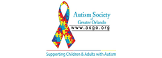 A multicolored puzzle piece ribbon with text: "Autism Society Greater Orlando www.asgo.org. Supporting Children & Adults with Autism and connecting you to autism treatment near Orlando FL.