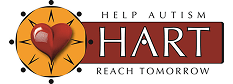 Logo for HART (Help Autism Reach Tomorrow) featuring a red heart at the center of a yellow compass, with the organization name and tagline displayed on a red and white background—perfect for those seeking ABA therapy near Orlando FL.